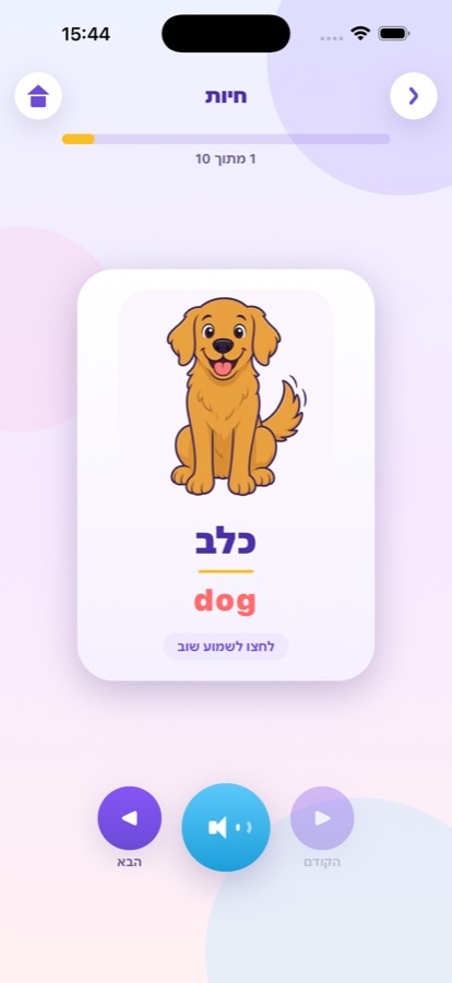 מסך לימוד מילים באפליקציה: כלב – dog